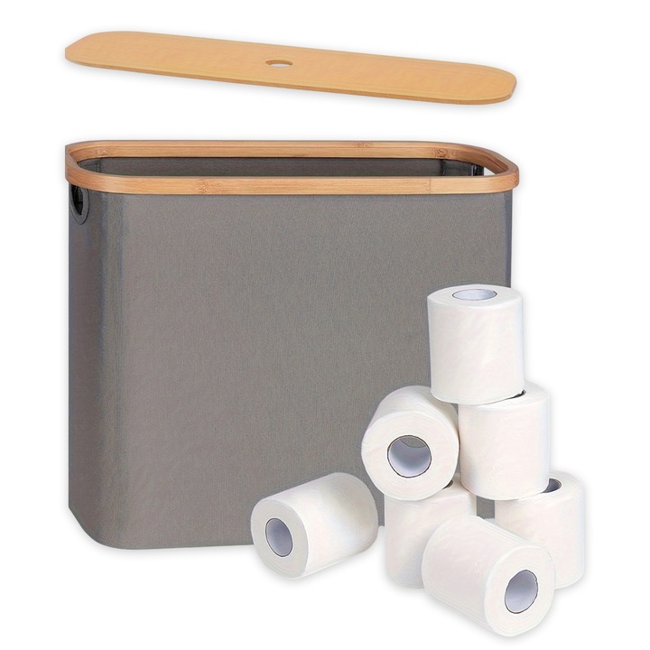 Tárolókosár WC papírhoz, Enforose, 43x17x38 cm, 9-12 tekercs kapacitás, bambusz fogantyúkkal, elegáns design