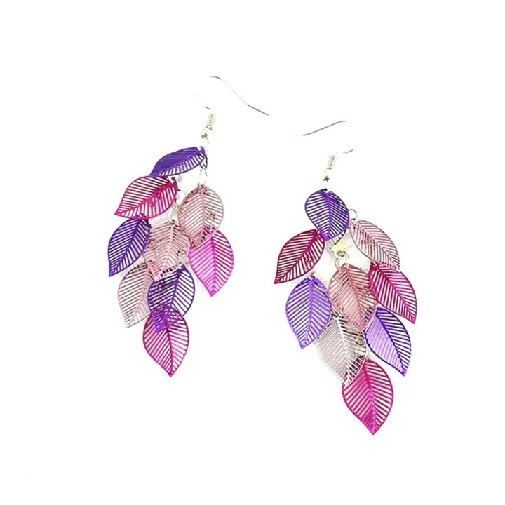 Cercei cu frunzulite Merilille, filigran, violet, 7.7 x 2.5cm