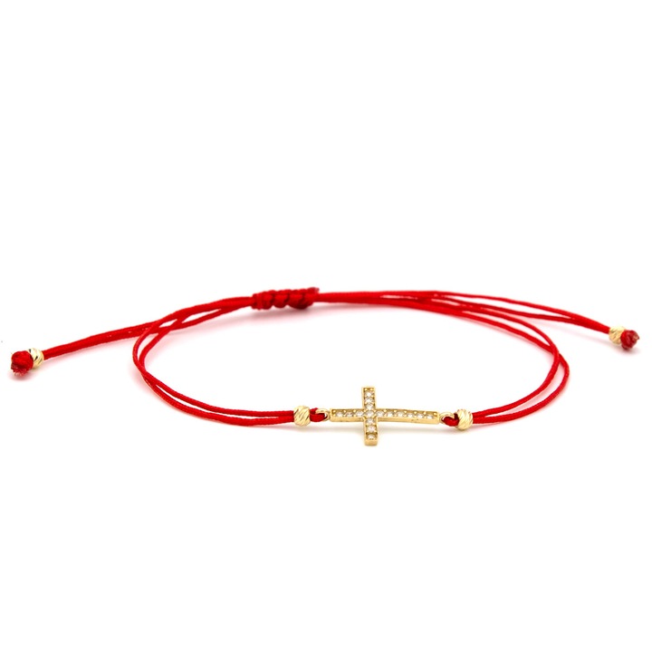 Bratara Cruce Si bile din Aur 14k cu Snur Rosu