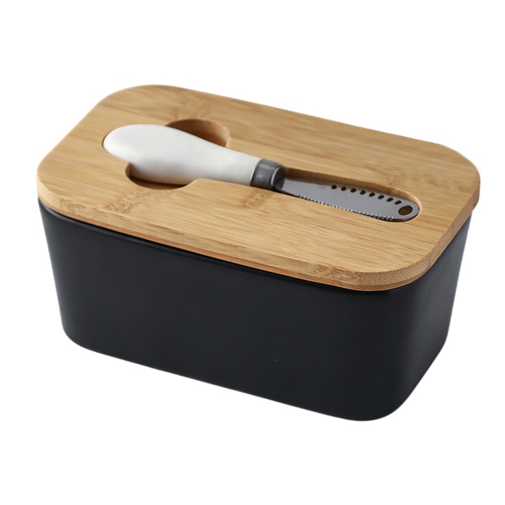 Vajasdoboz tetővel és késsel, Enforose, fém, sárga, 12,5x10,5x5cm