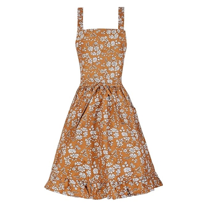 Retro zsebes kötény nőknek, aranyos virágos szakácskötény, alkalmas konyhai főzéshez, sütéshez, kertészkedéshez, könnyen párosítható