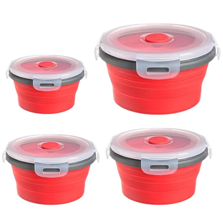 Összecsukható ebédlődoboz, Enforose, szilikon kempingtál, szürke piros szegéllyel, 18,5x18,5x12cm, 1 db-os készlet.