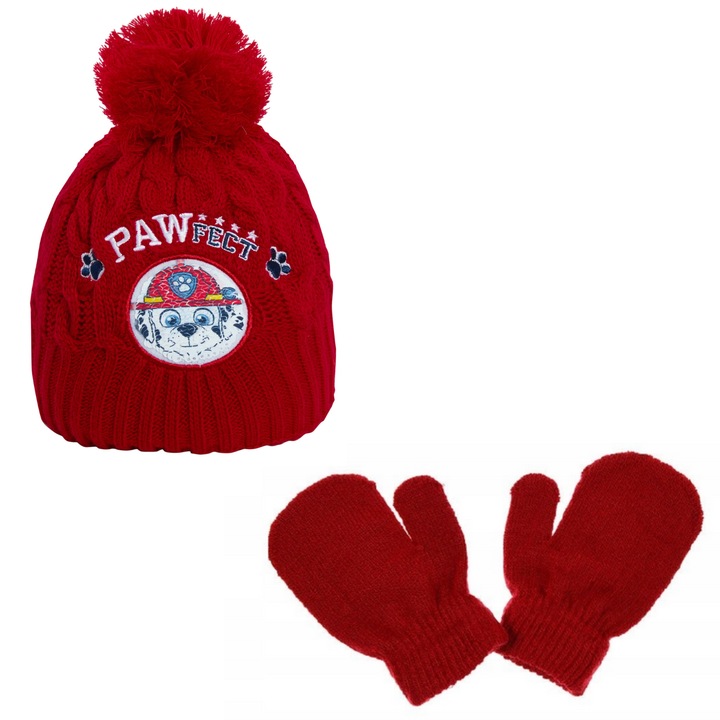 Set Caciula si Manusi Paw Patrol, rosu, 50, material 100% poliester, sezon: iarna