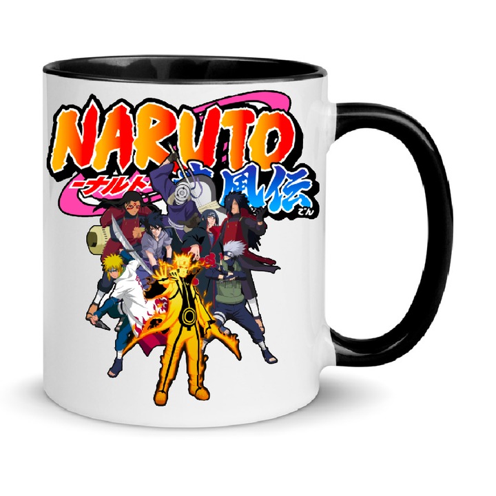 Cana ceramica Naruto, 330ml, alb cu negru