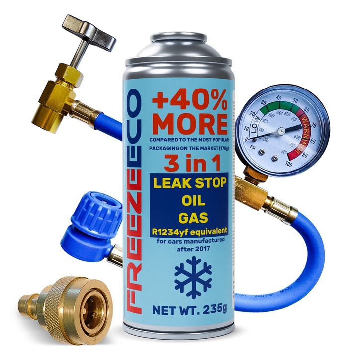3 az 1-ben szett klímaberendezéshez, FreezeEco, R1234yf, 290g, 500ml, adapterrel és tömlővel
