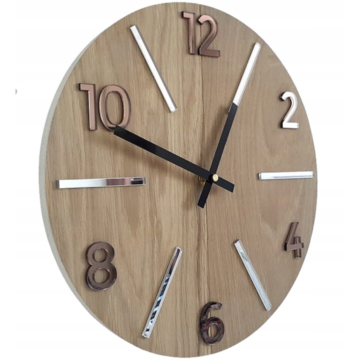 Ceas de perete rotund decorativ Aksel Wood Brown Mirror cu mecanism ultra silentios, din lemn natural de stejar, accente acrilice tip oglinda, design modern elegant perfect pentru living, dormitor, birou, diametru 33.5 cm, aduce precizie si