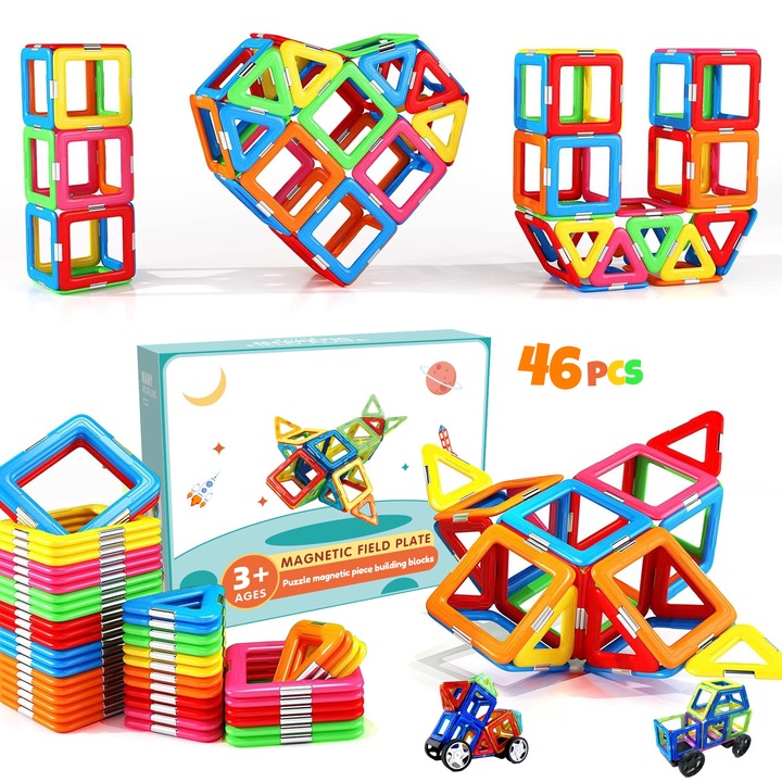 Set de blocuri magnetice educationale, 46 piese, multicolor, 3ani+