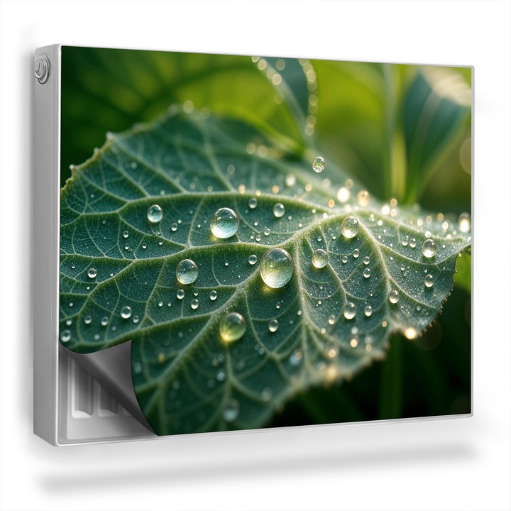 Decor radiator, Wallfluent, Frunza cu roua, fundal intunecat, Verde, 80 x 60 cm, 010220260030000282462