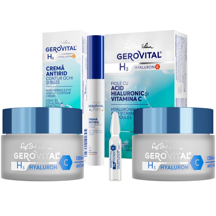 Комплект Gerovital H3 Hyaluon C: Хиалуронова киселина 2% Hyaluron C ампули, 10 ампули х 2 мл + Hyaluron C дневен крем против бръчки, 50 мл + Hyaluron C нощен крем против бръчки, 50 мл + Hyaluron C 2% крем против бръчки за околоочен контур и устни, 15 мл