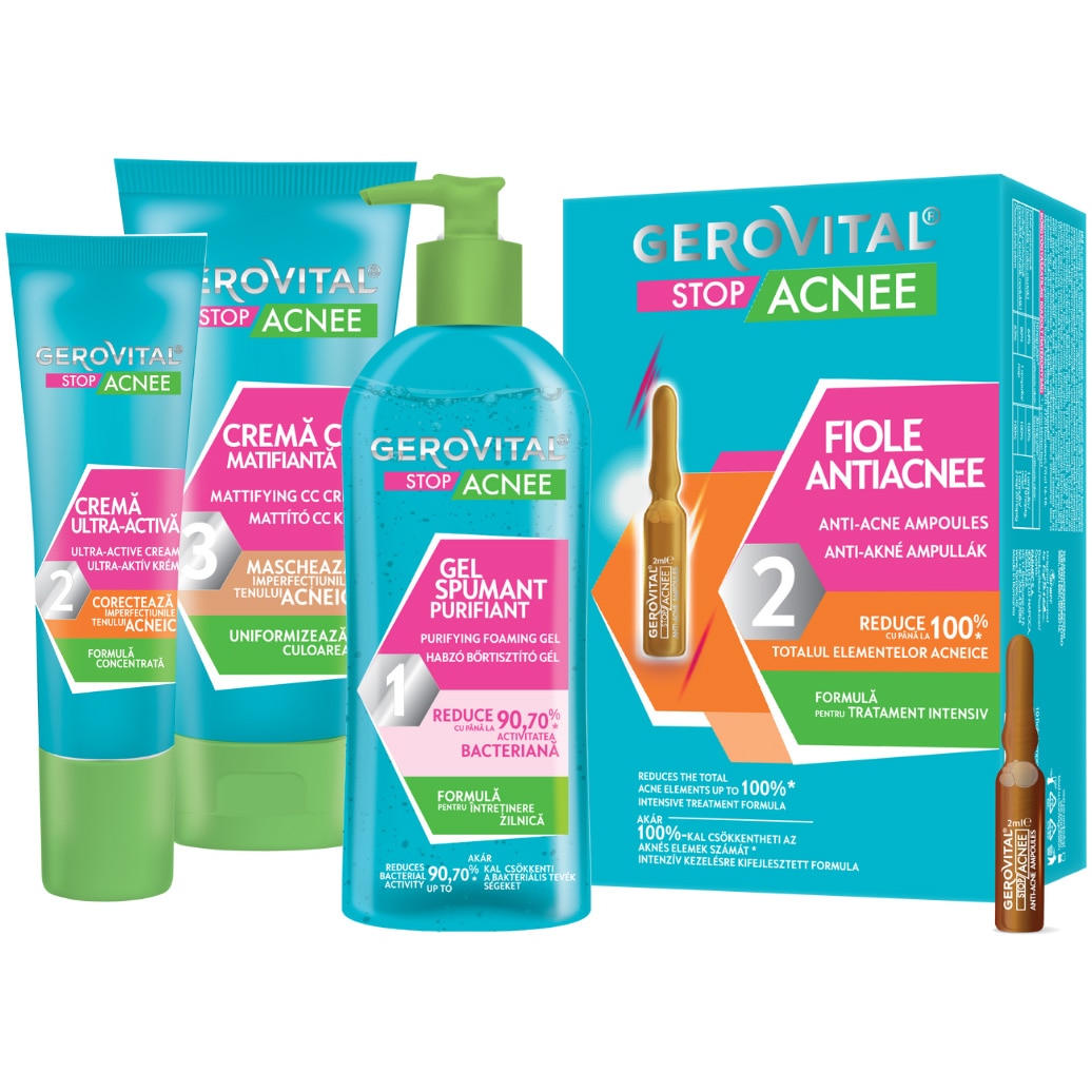 Pachet Gerovital Stop Acnee: Fiole antiacnee, 10 fiole x 2 ml + Gel spumant purifiant, 150 ml + Crema Ultra-Activa, 15 ml + Crema CC matifianta, 30 ml