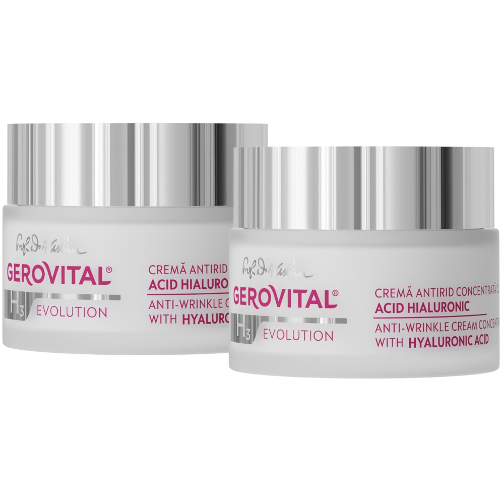 Pachet Gerovital H3 Evolution: Crema antirid cu Acid Hialuronic 3% 50ml + Crema antirid cu Acid Hialuronic 3% 50 ml