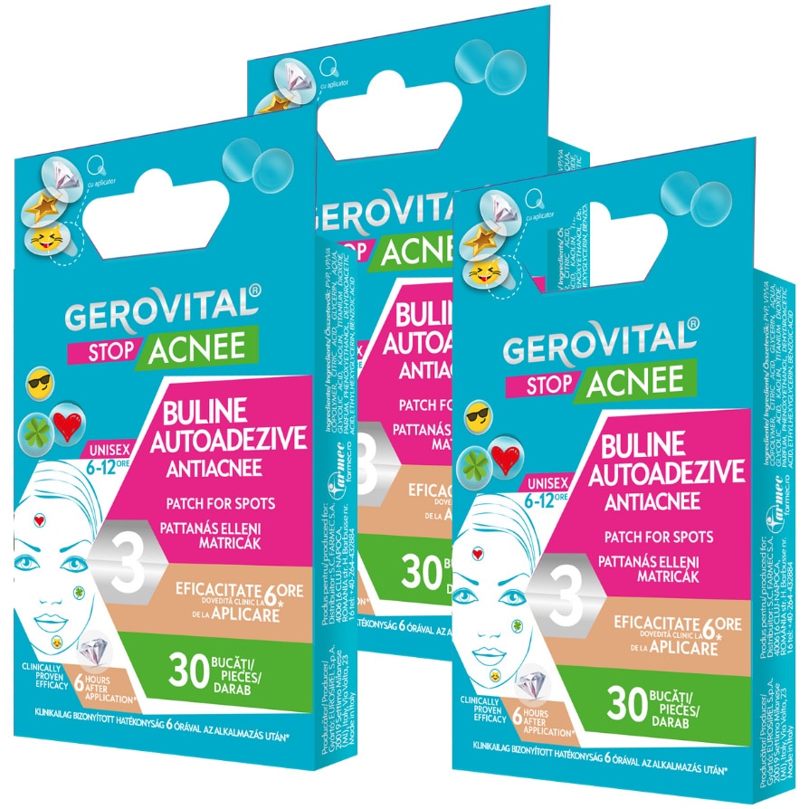 Pachet cadou Gerovital Stop Acnee: Buline autoadezive antiacnee, 30 bucati + Buline autoadezive antiacnee, 30 bucati + Buline autoadezive antiacnee, 30 bucati