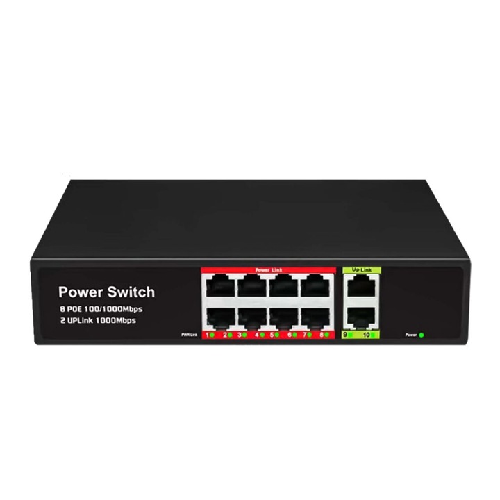8-портов PoE суич, Zola, 2 uplink порта, 120 W, 1.2 G, 20 x 11.8 x 4.4 cm, черен