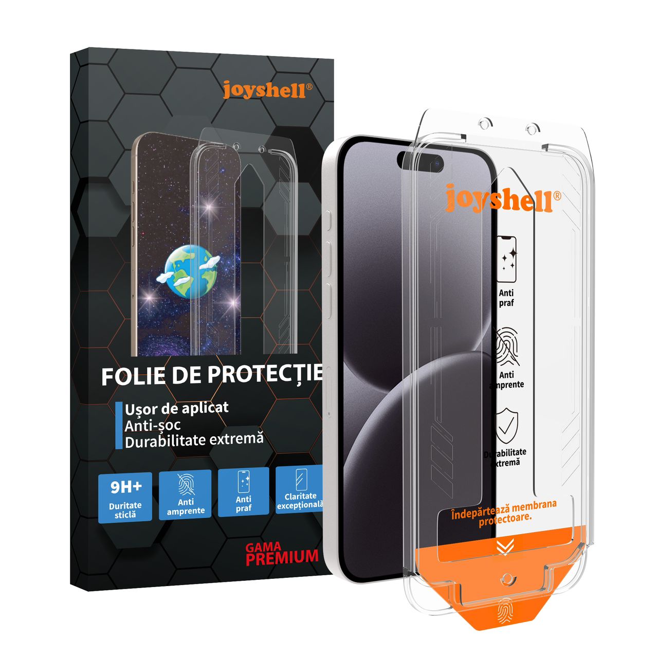 Set 2 Folii Sticla pentru iPhone 17, Joyshell – Full Cover, 9H, Aplicator Inclus, Montare Ghidata, Anti-Zgarieturi, Claritate HD