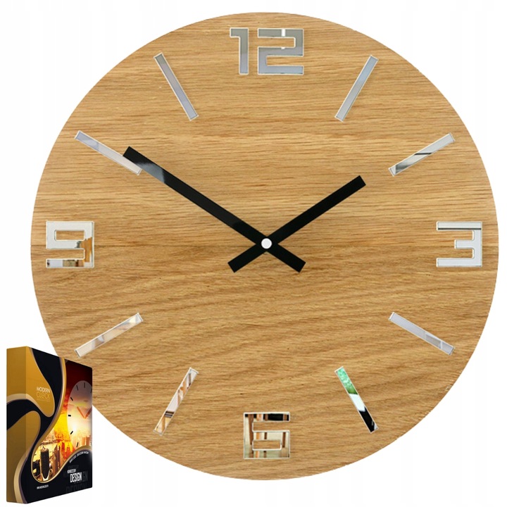 Ceas de perete decorativ, modern, din lemn de stejar si acril, design arabesc cu oglinda rotunda integrata, mecanism silentios, ideal pentru living, dormitor, birou, bucatarie, camera copii, decor elegant, dimensiuni 33cm
