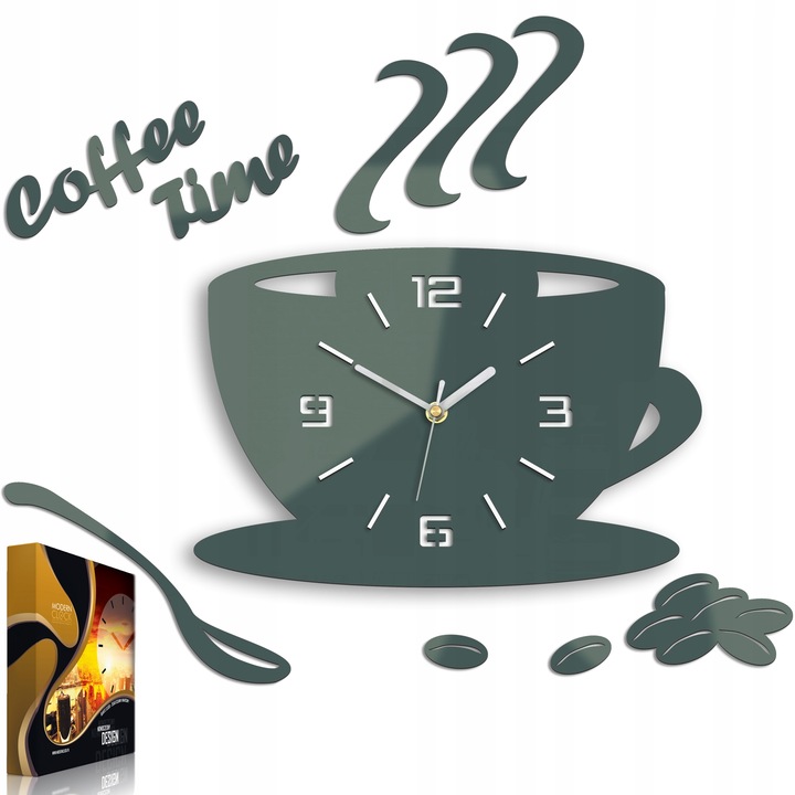 Ceas de perete cu cuart rotund 3D gri in forma de ceasca Coffee Time