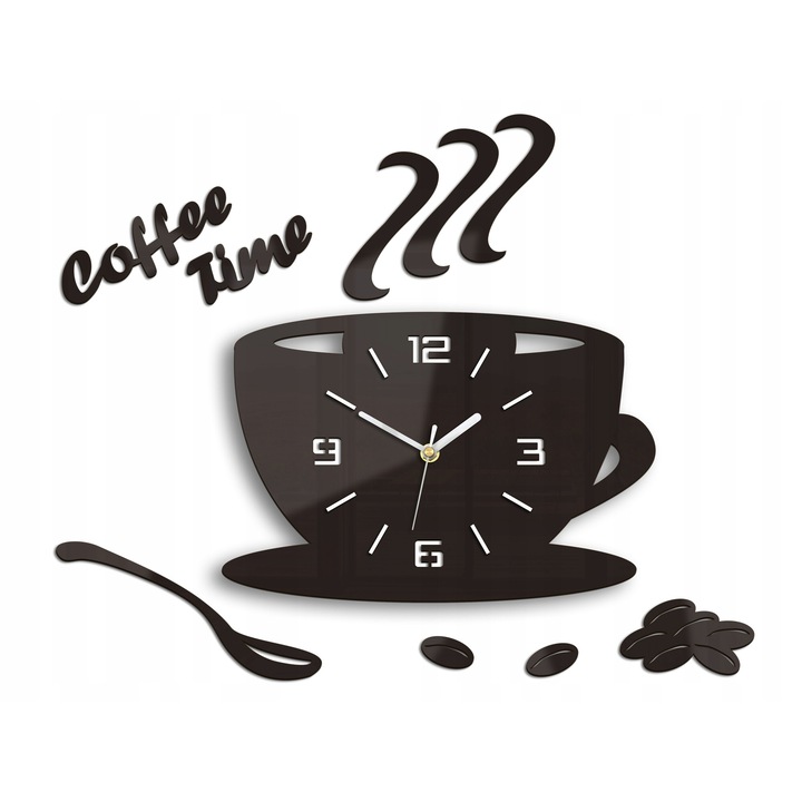 Coffee Time 3D falióra, fekete, 33x22cm, kvarc szerkezet, analóg