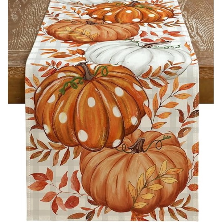 Traversa decorativa pentru masa, dimensiuni 40x140 cm, model dovleci, multicolor