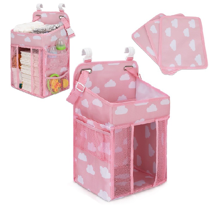 Органайзер за кошара за пелени и аксесоари, може да се закачи на леглото, Agkhan, 20x28x42см, Розов