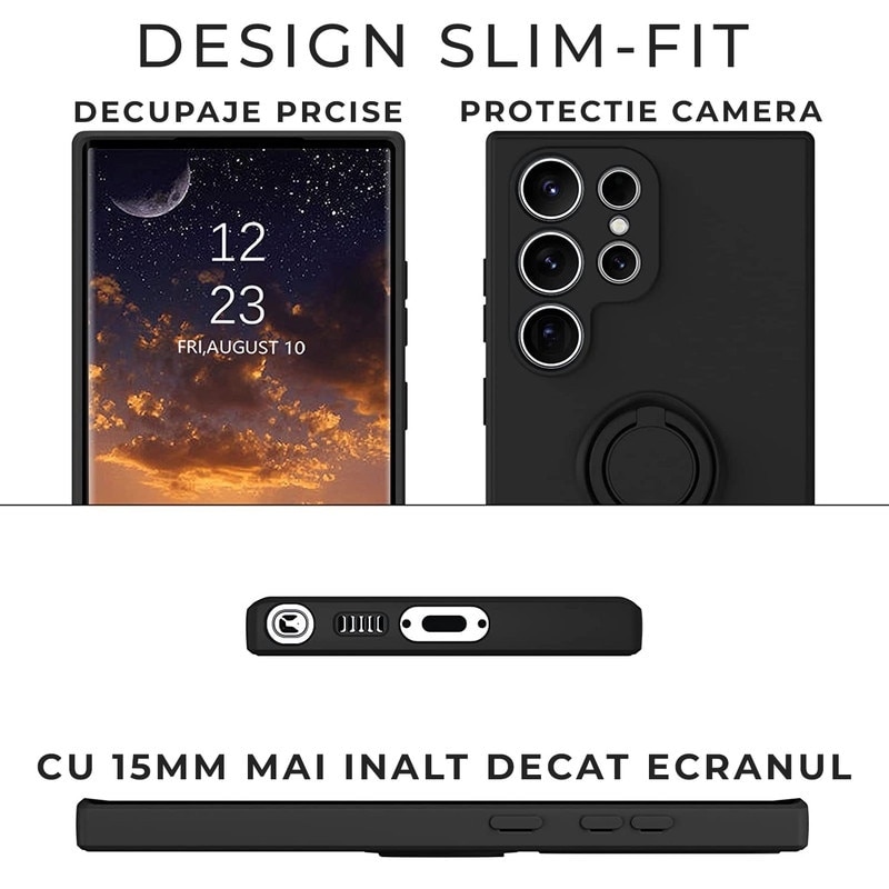 Husa pentru Samsung Galaxy S25 DaDen cu inel rotativ 360, Silicon Premium, Camera Protection, Antisoc, Negru