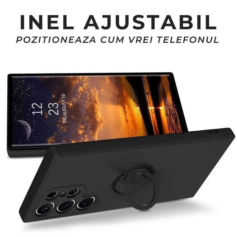 Husa pentru Samsung Galaxy S25 DaDen cu inel rotativ 360, Silicon Premium, Camera Protection, Antisoc, Negru