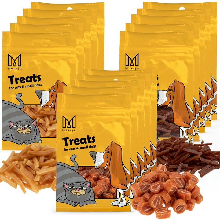 Set de delicii MIX pentru pisici si caini de talie mica (sushi, cod, somon, rata), Mersjo, 15x50g