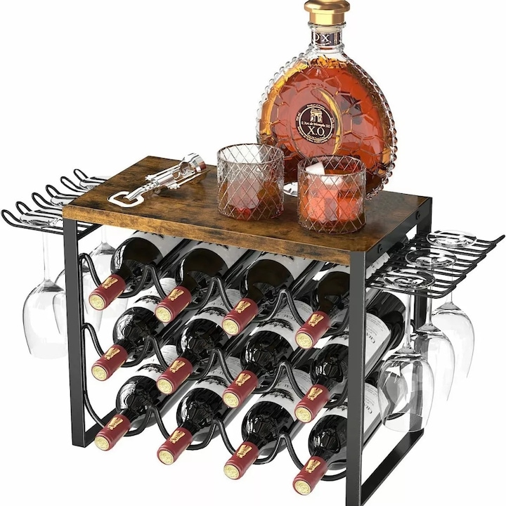 Поставка за бутилки вино, Golxmse, 12 бутилки и 6 чаши, 62,5x41x21,2 см, метал и дърво, черно/кафяво