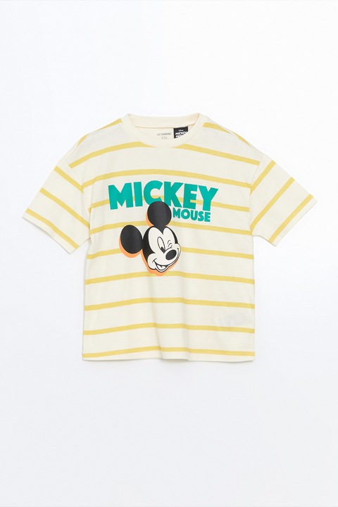 LC WAIKIKI, Tricou cu model in dungi si imprimeu cu Mickey Mouse, Alb/Galben deschis