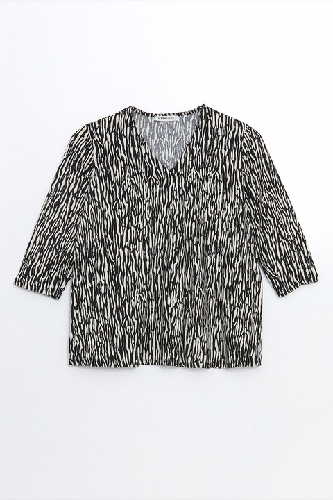 LC WAIKIKI, Bluza cu decolteu in V si model, Negru stins/Alb murdar