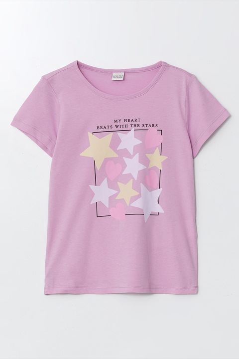 LC WAIKIKI, Tricou cu imprimeu grafic si decolteu la baza gatului, Roz pastel/Galben pal/Liliac prafuit