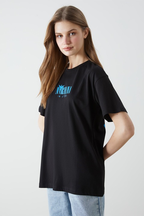 LC WAIKIKI, Tricou din bumbac cu imprimeu grafic pe partea din spate, Albastru pastel/Negru/Roz pastel