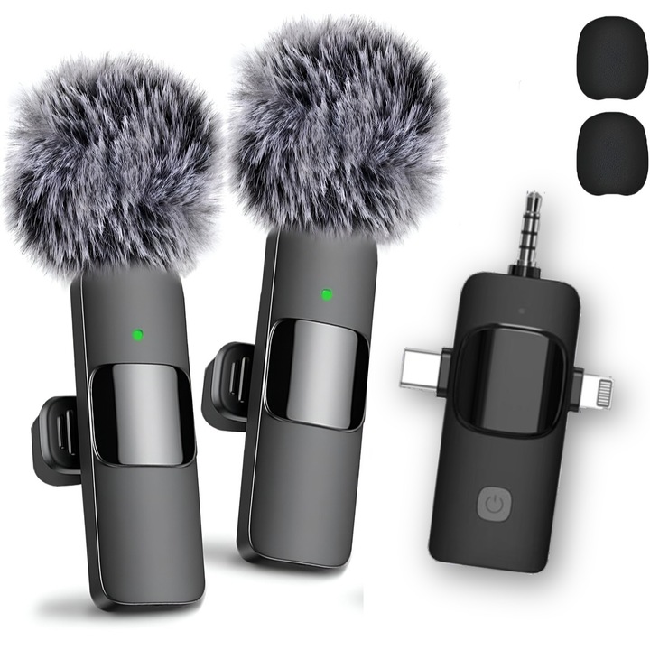 Set 2 Microfoane Lavaliera Wireless Profesionale HASEPE, Compatibile iPhone, Android, Laptop, Tableta, Reducere Zgomot, Type C, Lightning, Jack, Reincarcabile, Live Streaming, 2.4 GHz