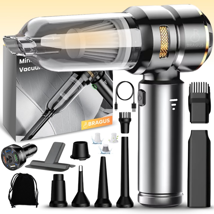 Aspirator Auto 4 in 1 Portabil, BRAGUS, 16000 PA, Baterie 6000mAh, 100W, 90000RPM, Autonomie 30min, Motor Brushless, Aspirare, Suflare, Vacuum, 3 Viteze, 9 Accesorii, 3 Filtre HEPA Reutilizabile Incluse, Aspirator pentru Masina si Casa, Negru-Auriu