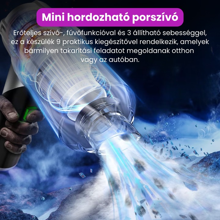 Mini hordozható porszívó, BRAGUS, Összecsukható, 15000Pa, 100W, 6000mAh akkumulátor, 30 perc üzemidő, 2 az 1-ben szívó- és fújófunkció, Porszívózás, 8 tartozék, 3 sebesség, 4 üzemmód, Újrafelhasználható HEPA szűrő, Autó, 3 szűrő mellékelve, Szürke
