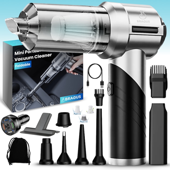 Aspirator Auto 4 in 1 Portabil, BRAGUS, Pliabil, 15000Pa, 100W, Baterie 6000mAh, Autonomie 30min, Aspirare, Suflare, Vidare, Umflare, 8 Accesorii, 3 Viteze, 3 Filtre HEPA Reutilizabile Incluse, Aspirator Multi-Suprafete, Masina, Casa, Gri