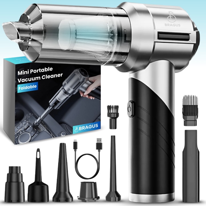Aspirator Auto 4 in 1 Portabil, BRAGUS, Pliabil, 15000Pa, 100W, Baterie 6000mAh, Autonomie 30min, Aspirare, Suflare, Vidare, Umflare, 8 Accesorii, 3 Viteze, 3 Filtre HEPA Reutilizabile Incluse, Aspirator Multi-Suprafete, Masina, Casa, Gri