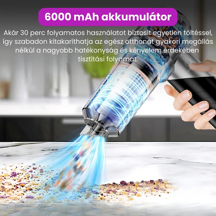 Mini hordozható porszívó, BRAGUS, Összecsukható, 15000Pa, 100W, 6000mAh akkumulátor, 30 perc üzemidő, 2 az 1-ben szívó- és fújófunkció, Porszívózás, 8 tartozék, 3 sebesség, 4 üzemmód, Újrafelhasználható HEPA szűrő, Autó, 3 szűrő mellékelve, Szürke
