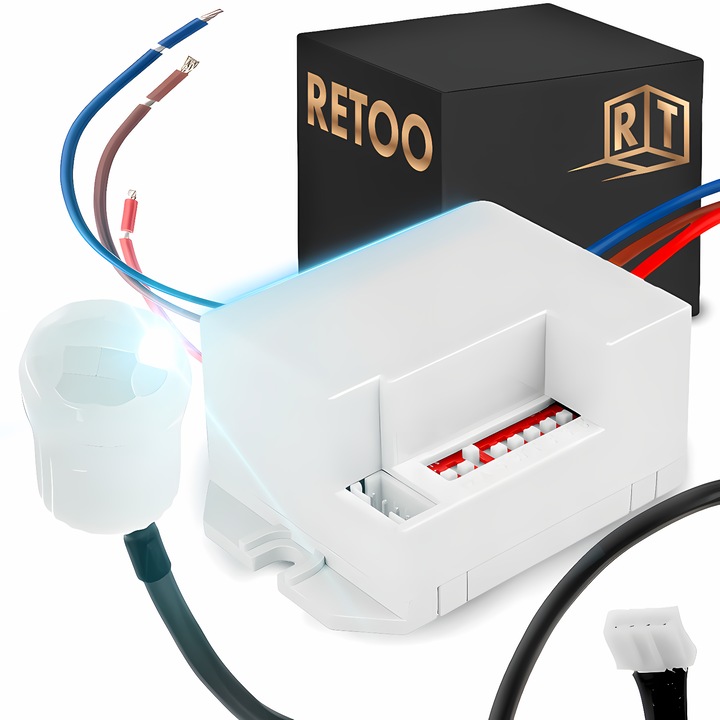 Senzor de Miscare si Lumina RETOO SmartHome, PIR cu Infrarosu, Unghi 360°, Detectare 3-6m, Sensibilitate si Timp de Iluminare Reglabil 5s-8min, 800W, IP20, Automatizare Iluminare, Cablu 160mm, Montaj Perete/Tavan, Ideal pentru Casa, Garaj, Birou, Alb