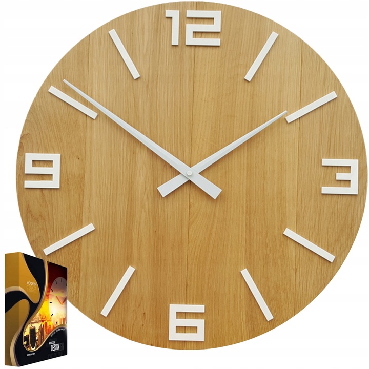 Ceas de perete "Arabic Wood White" din lemn natural si acrilic, design modern rotund, alb, diametru 50 cm, mecanism ultrasilentios, perfect pentru decor casa si birou