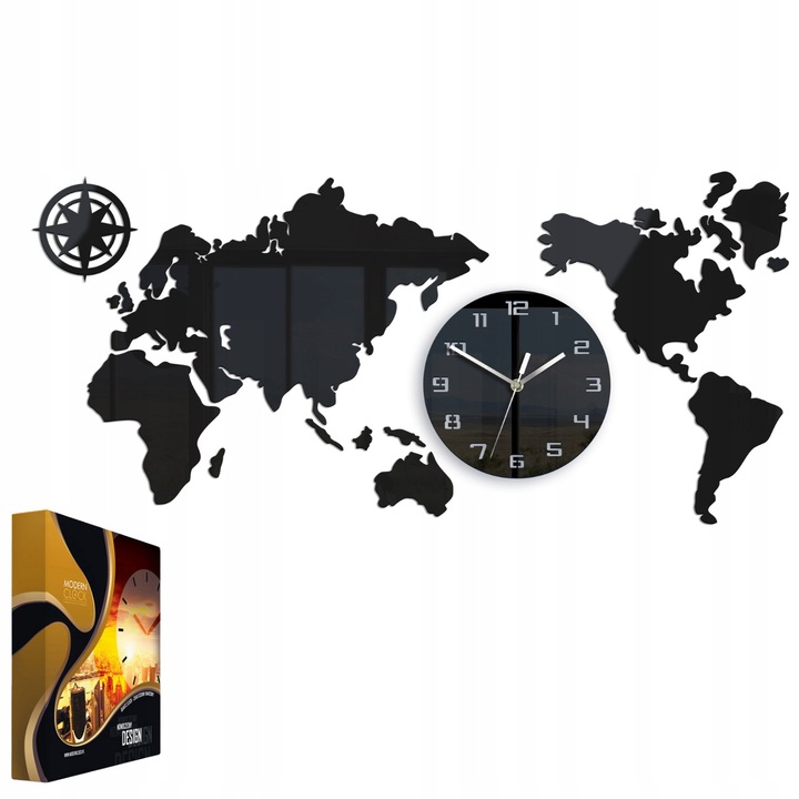 Falióra Volán Világtérkép 80x40cm, kvarc mechanika, ezüst, modern design