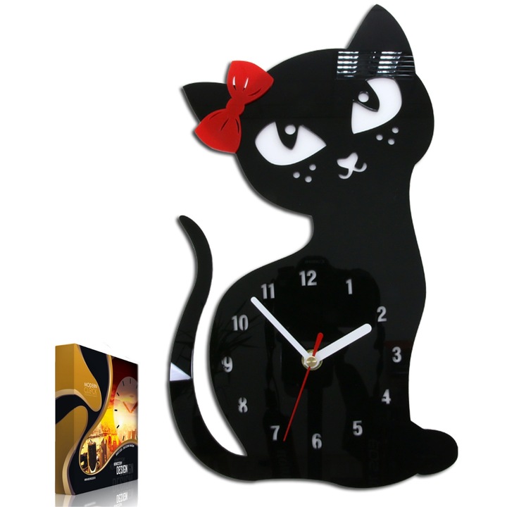 Ceas de perete decorativ, forma de pisica neagra, mecanism Quartz ultra-silentios Sangtai 6168S, din acril premium, ace albe, secundar rosu, design modern pentru living, dormitor, birou, bucatarie, dimensiuni 33x19.5cm, montaj simplu, cadou