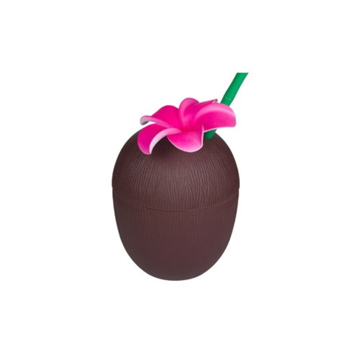 Pahar din Plastic in Forma de Nuca de Cocos 3D cu Pai 650ml