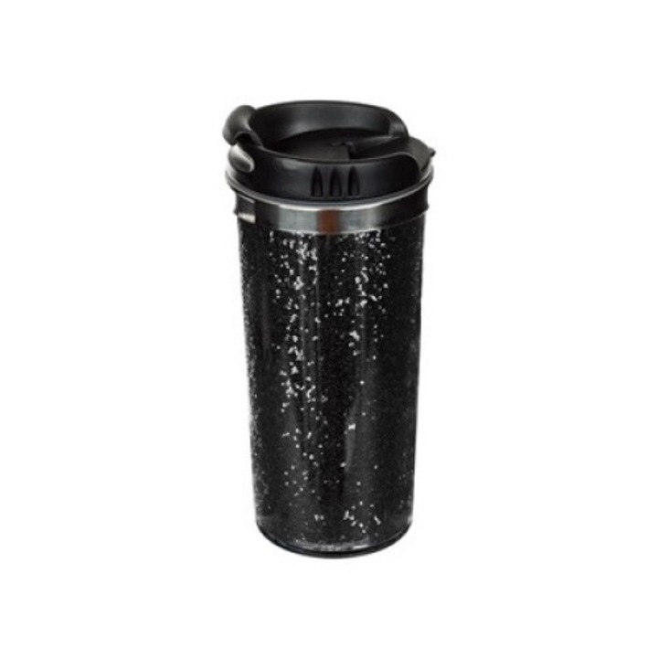 Черна метална чаша с черен блестящ капак и накрайник за кафе - 450 мл