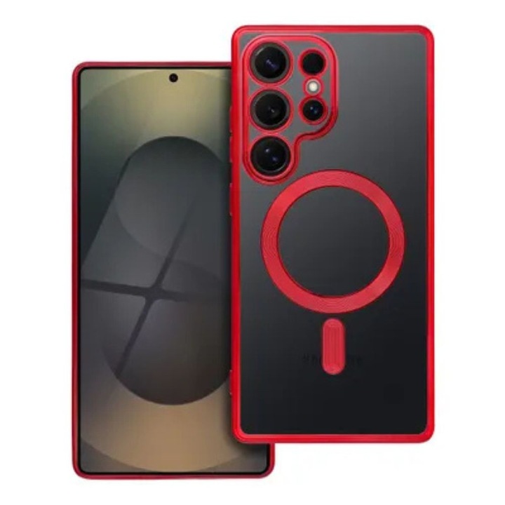 Husa compatibila cu Samsung Galaxy S25 Ultra, G-Tech Matte Shield, Compatibila cu Incarcarea Wireless MagSafe, Policarbonat, Transparent /Rosu