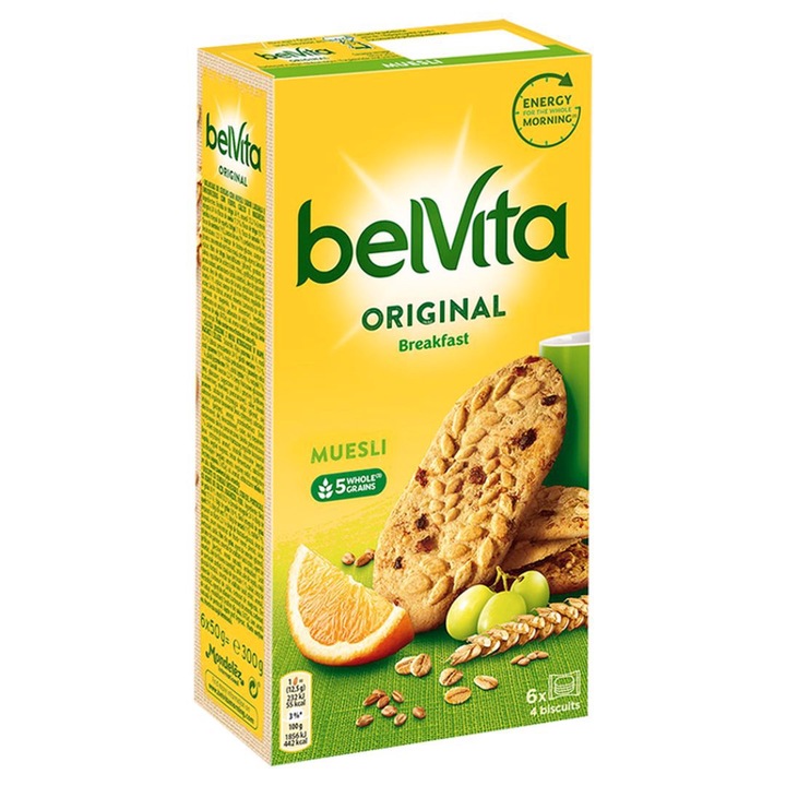 Biscuiti BelVita cu cereale pentru micul dejun si muesli Mondelez, 300 g, set 6 x 50 g