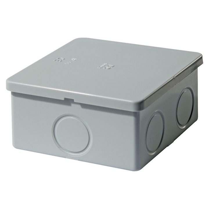 Doza, Cutie de Derivatie, Montaj Aplicat, Cu 6 Treceri Pentru Tub cu Ø 20, Montarea Capacului ( Cu Presiune), Autostingere, Halogen Free, IP44, Gri, 400V, 80x80x40mm, EC410C3 Elettrocanali Italia