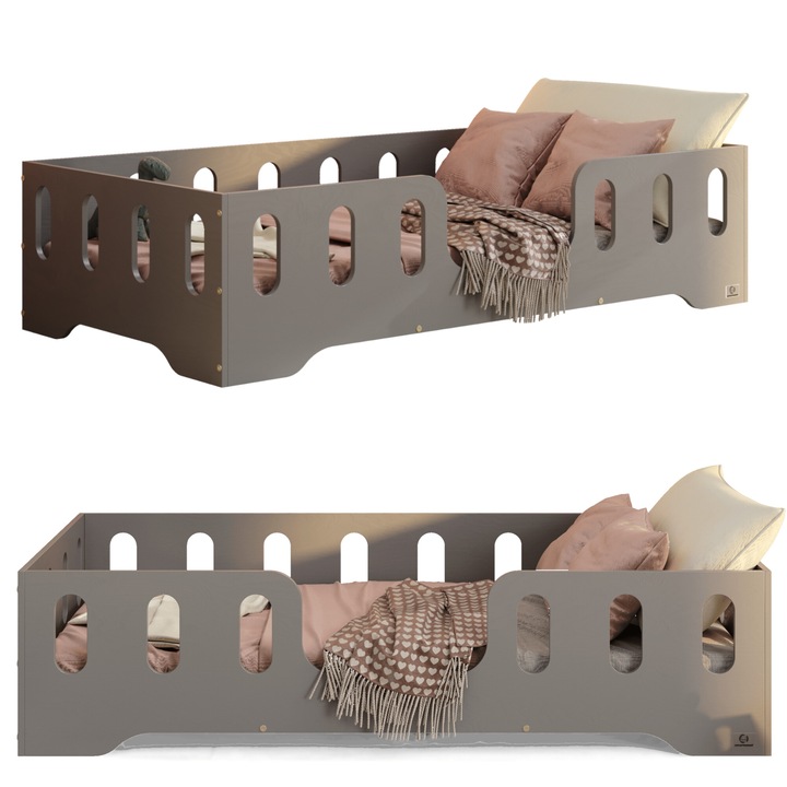 Pat copii 180x80 in culoare gri, din lemn de pin, cu balustrada de siguranta si cadru cu lamele, cu o capacitate de incarcare de pana la 230 kg – Pat Montessori TILA 2 pentru copii, pentru baieti si fete – Smartwood