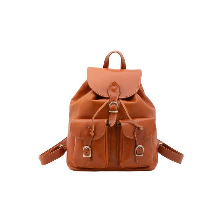 I Fratelli, Rucsac de piele cu buzunare cu clapa, Maro cognac