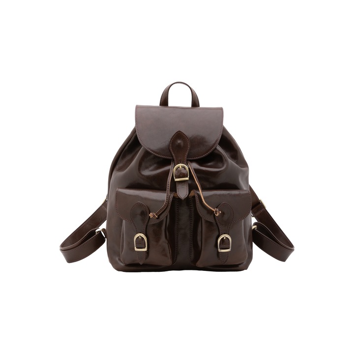 I Fratelli, Rucsac de piele cu buzunare cu clapa, Maro inchis