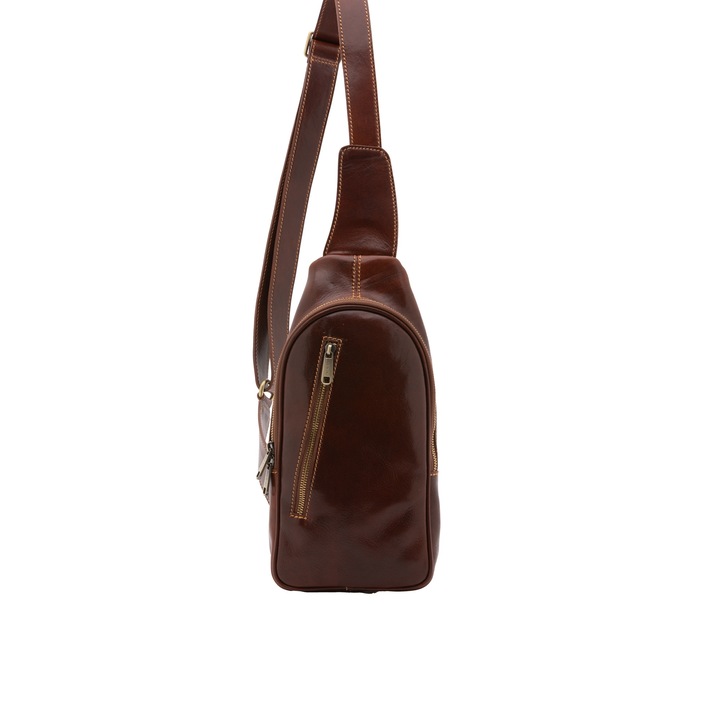 I Fratelli, Rucsac de piele cu buzunar frontal cu fermoar si o bareta, Maro